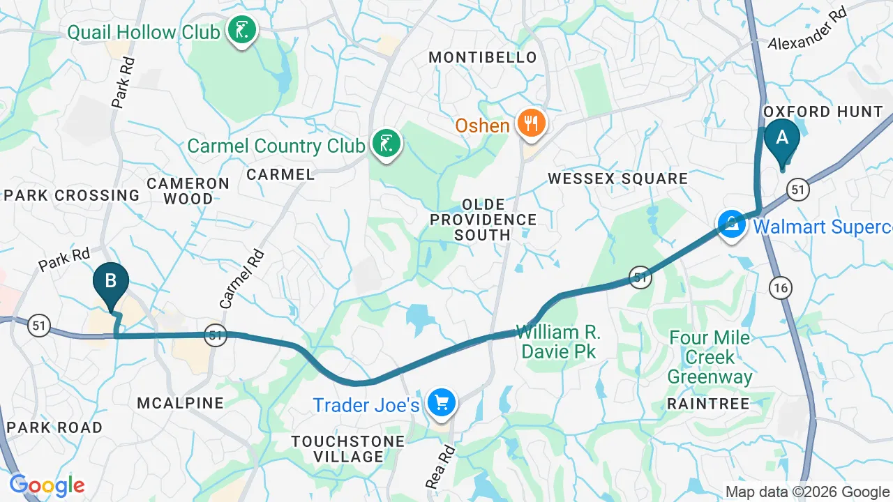 Driving directions map from Arboretum, NC to Chiropractic Fitness in Charlotte