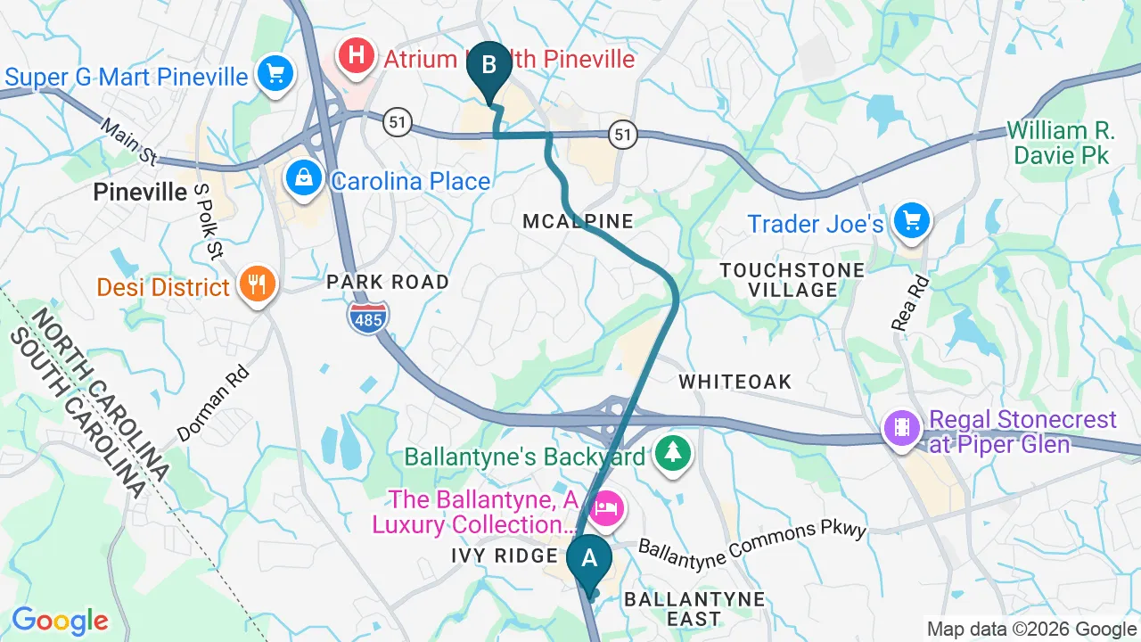 Driving directions map from Ballantyne, NC to Chiropractic Fitness in Charlotte