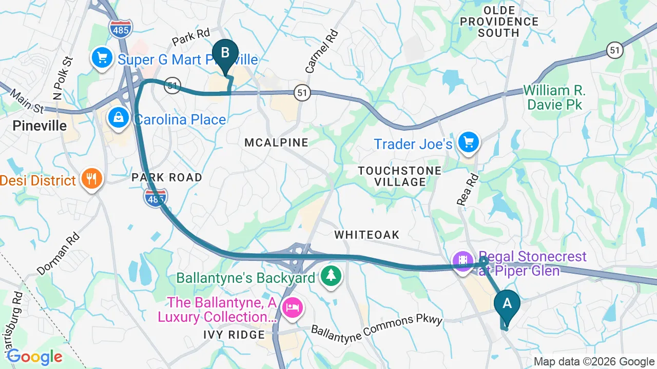 Driving directions map from Blakeney, NC to Chiropractic Fitness in Charlotte