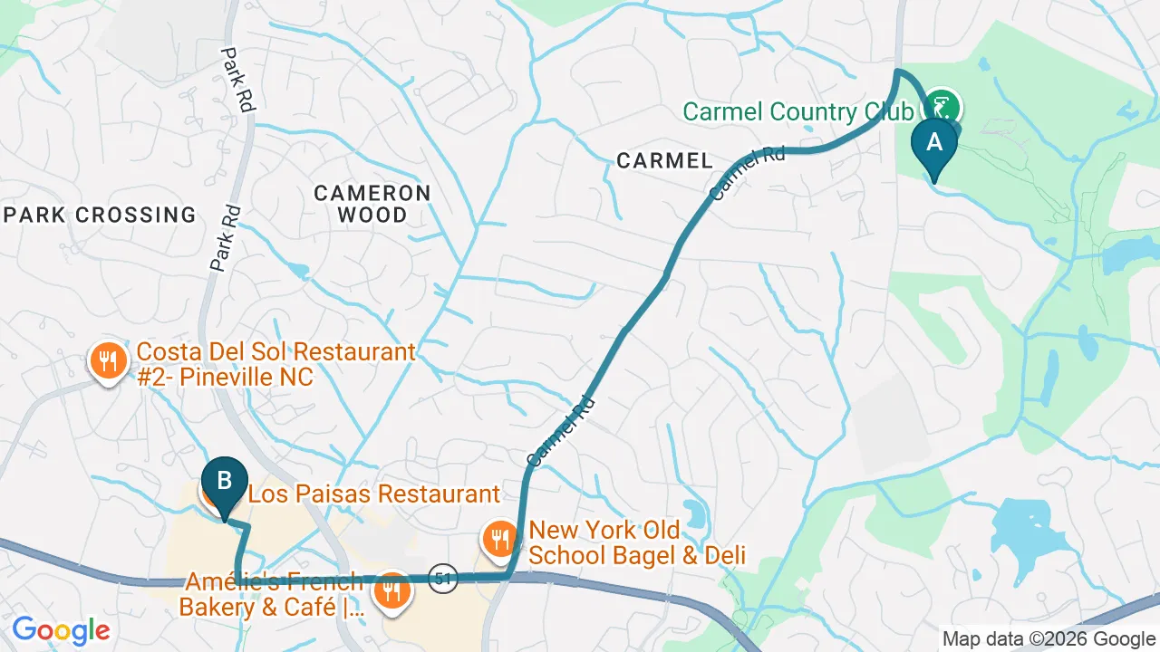 Driving directions map from Carmel, NC to Chiropractic Fitness in Charlotte