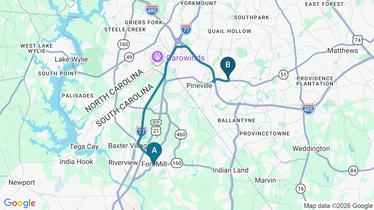 Driving directions map from Fort Mill, SC to Chiropractic Fitness in Charlotte