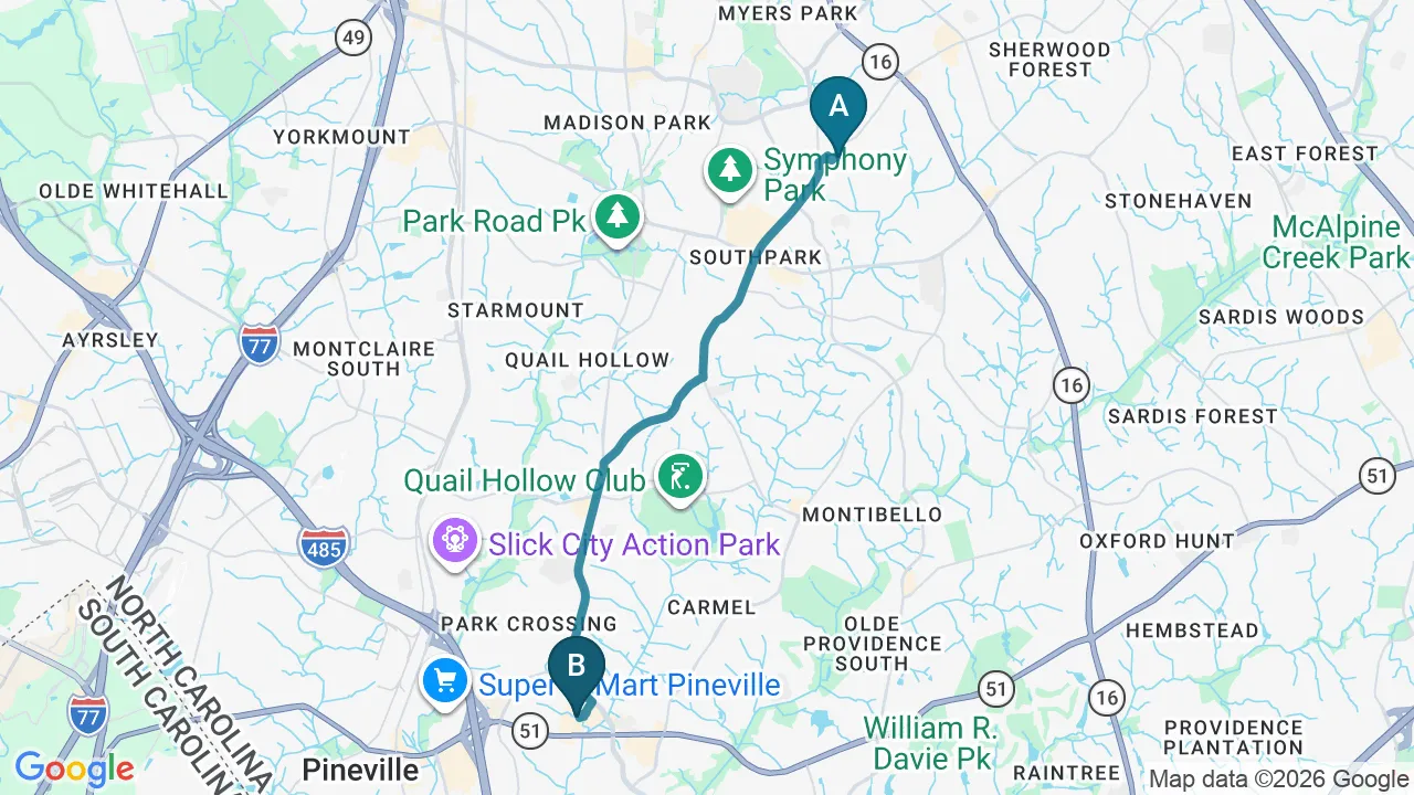 Driving directions map from Foxcroft, NC to Chiropractic Fitness in Charlotte