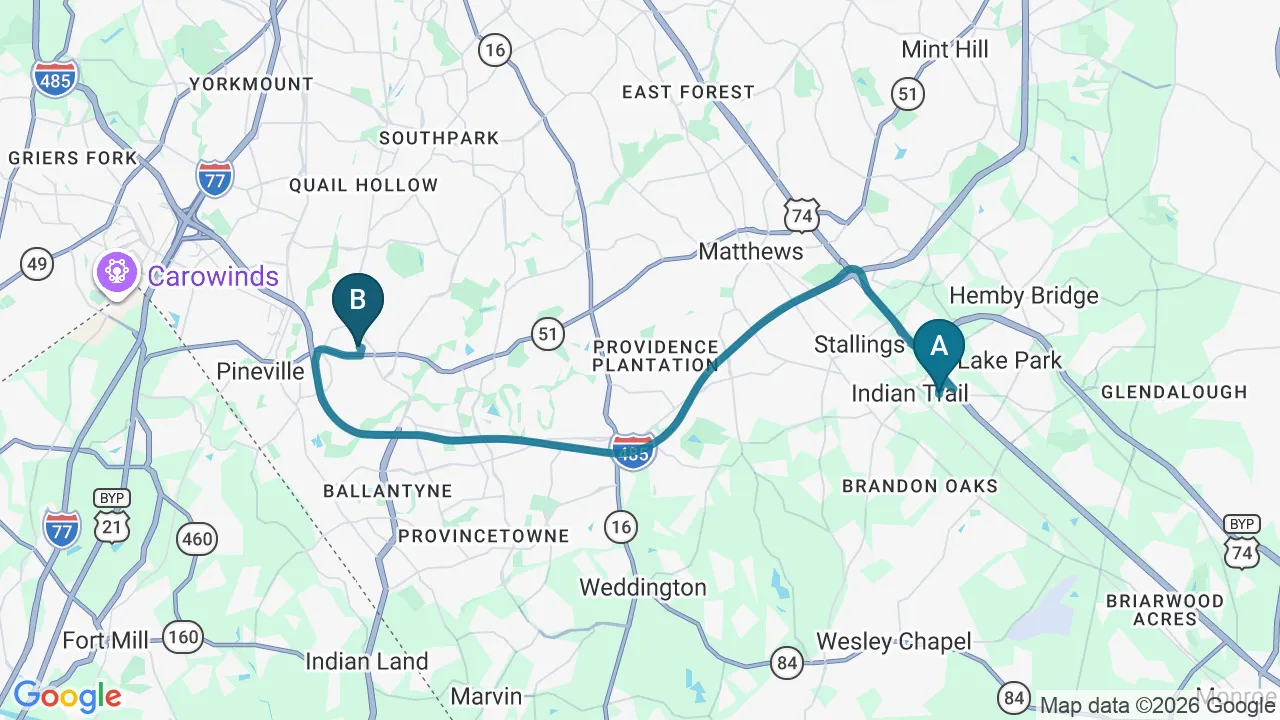 Driving directions map from Indian Trail, NC to Chiropractic Fitness in Charlotte