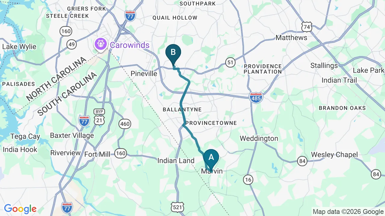 Driving directions map from Marvin, NC to Chiropractic Fitness in Charlotte
