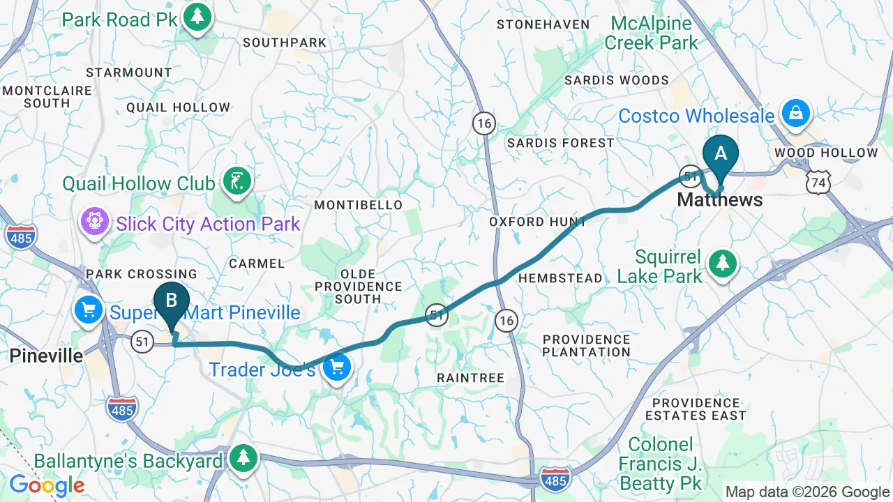 Driving directions map from Matthews, NC to Chiropractic Fitness in Charlotte