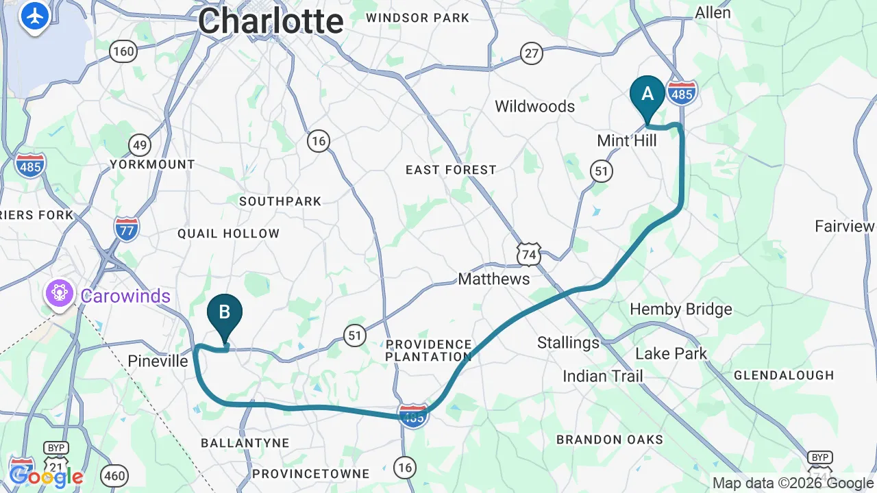 Driving directions map from Mint Hill, NC to Chiropractic Fitness in Charlotte