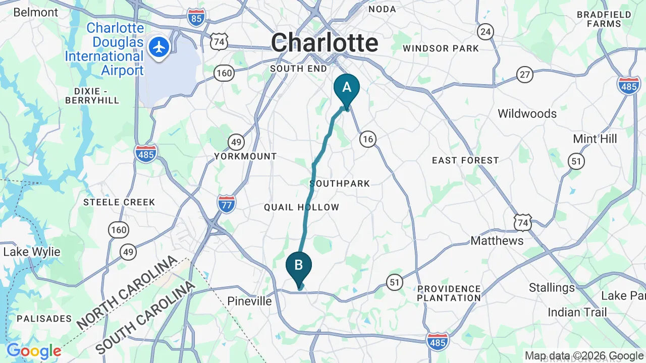Driving directions map from Myers Park, NC to Chiropractic Fitness in Charlotte