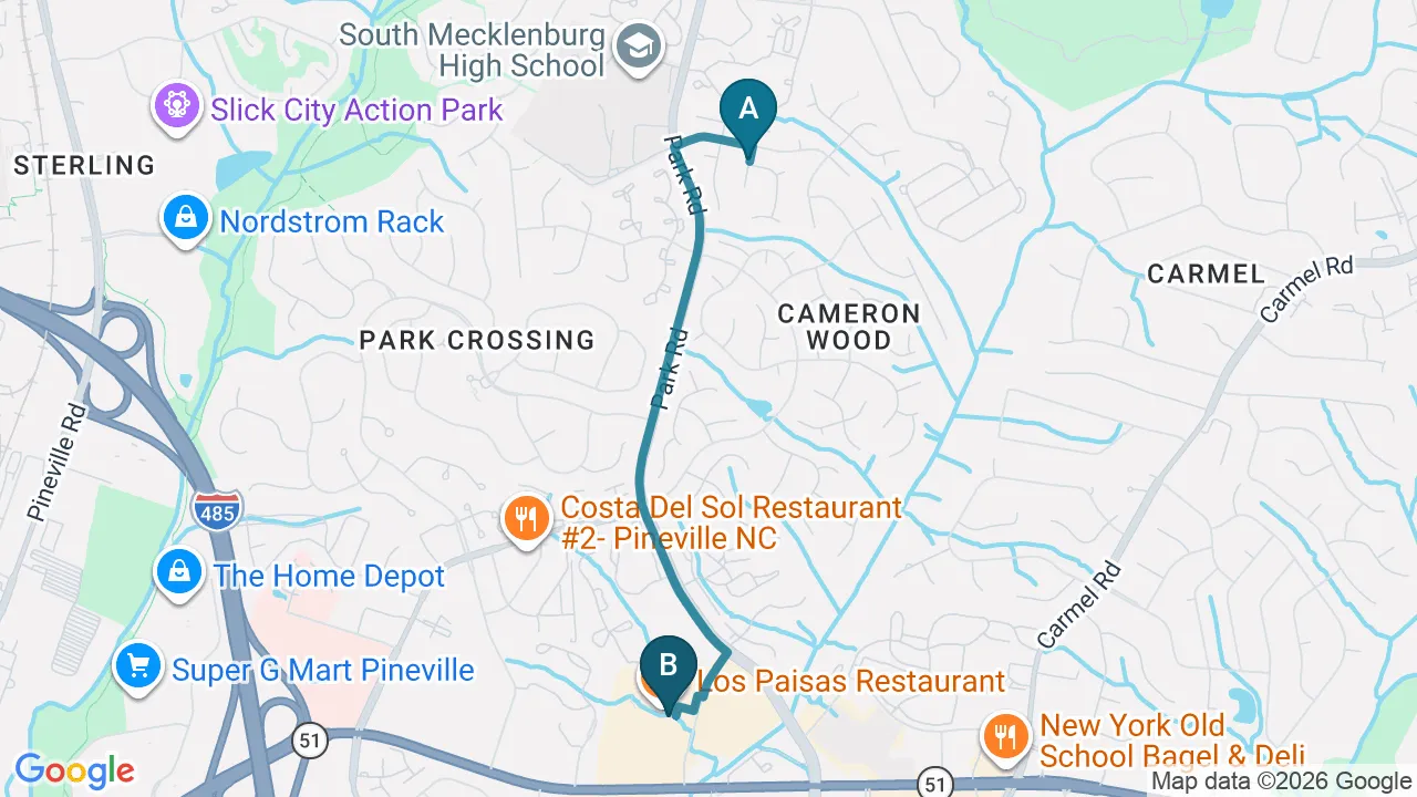 Driving directions map from Park Crossing, NC to Chiropractic Fitness in Charlotte