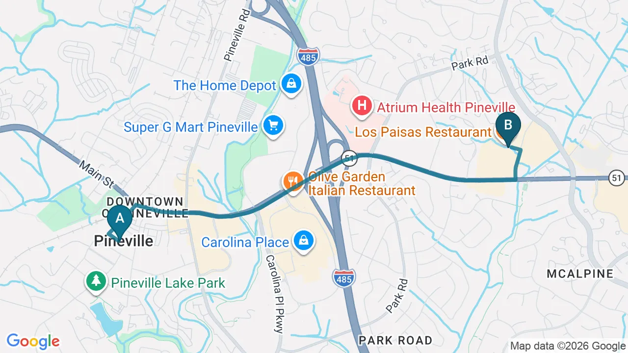 Driving directions map from Pineville, NC to Chiropractic Fitness in Charlotte