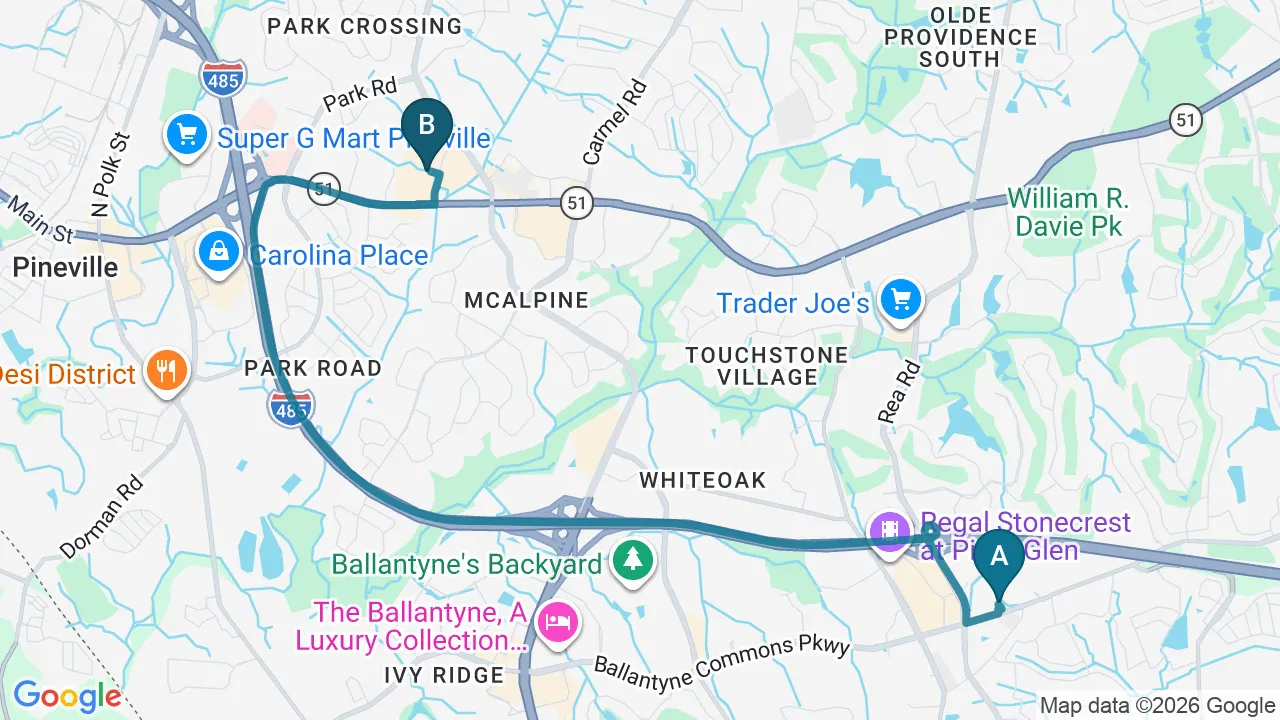 Driving directions map from Piper Glen, NC to Chiropractic Fitness in Charlotte