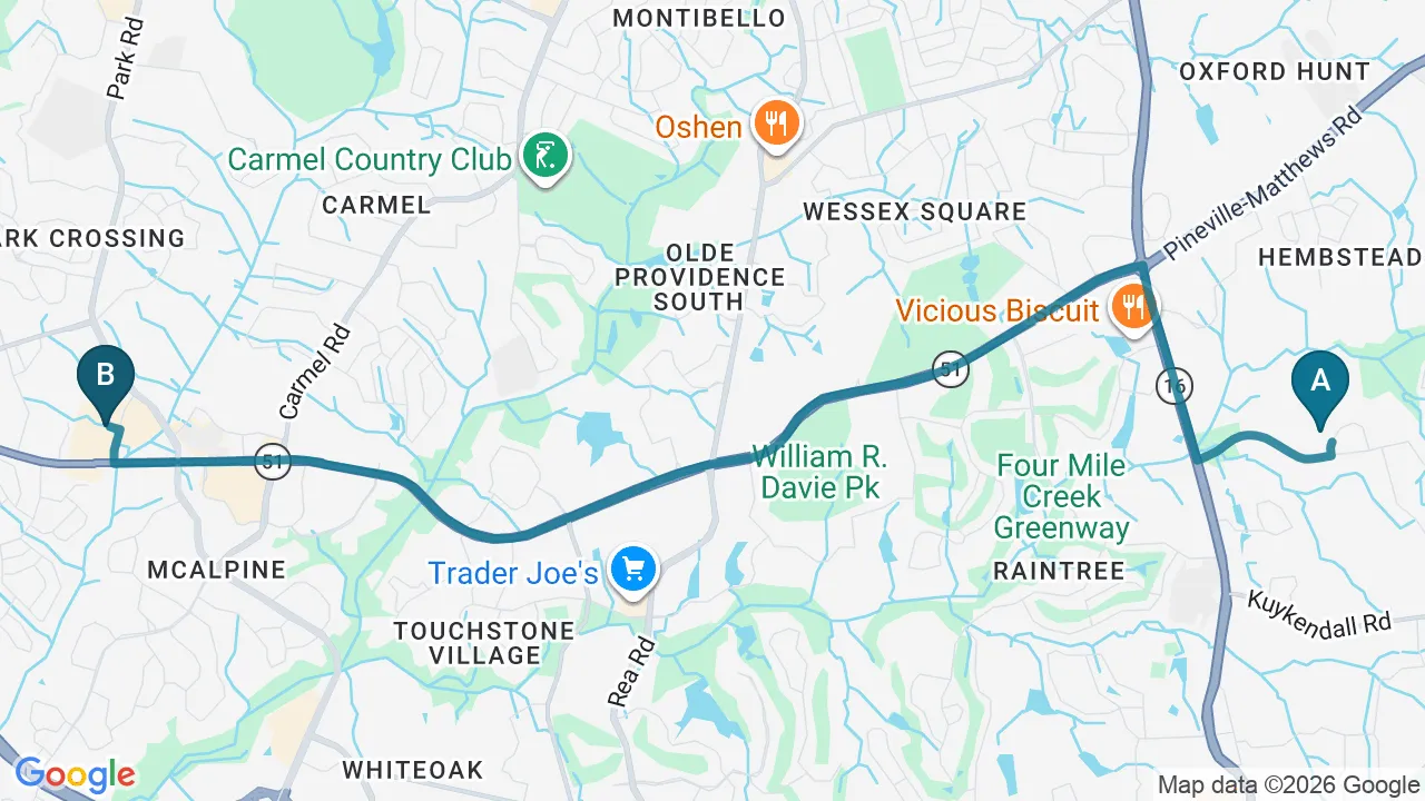 Driving directions map from Providence Plantation, NC to Chiropractic Fitness in Charlotte