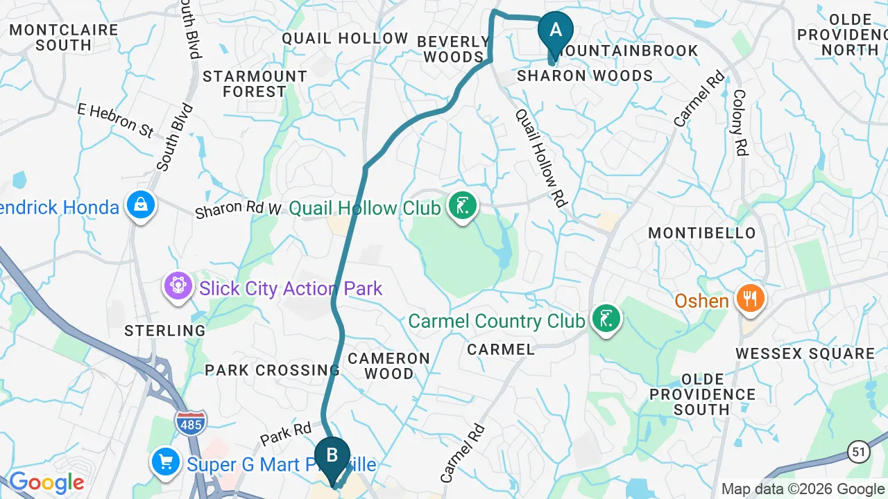 Driving directions map from Quail Hollow, NC to Chiropractic Fitness in Charlotte
