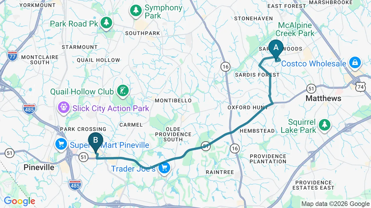 Driving directions map from Sardis, NC to Chiropractic Fitness in Charlotte