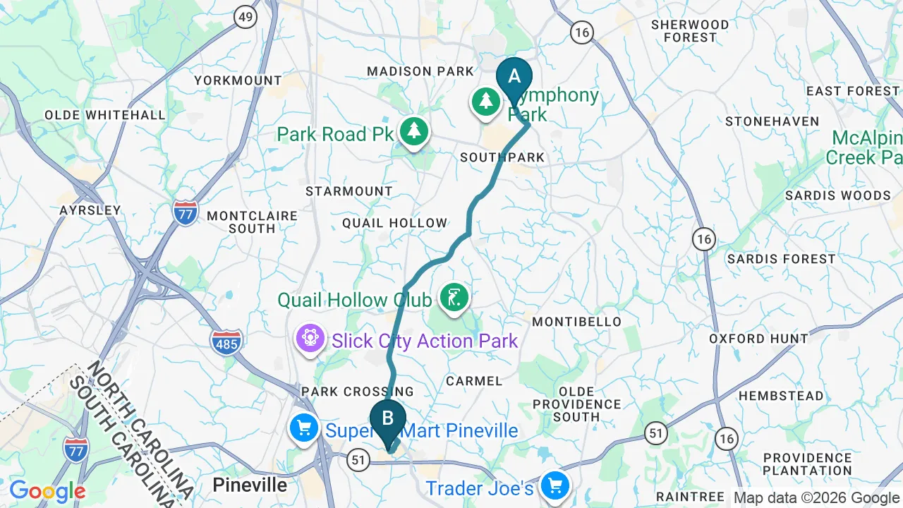 Driving directions map from Sharon, NC to Chiropractic Fitness in Charlotte