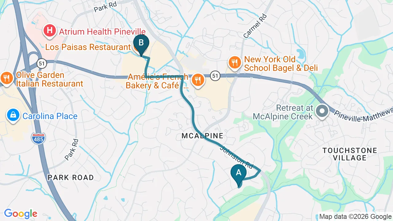Driving directions map from South Charlotte, NC to Chiropractic Fitness in Charlotte