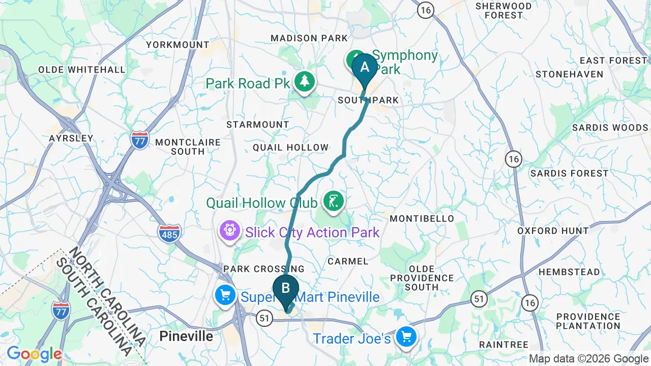 Driving directions map from SouthPark, NC to Chiropractic Fitness in Charlotte