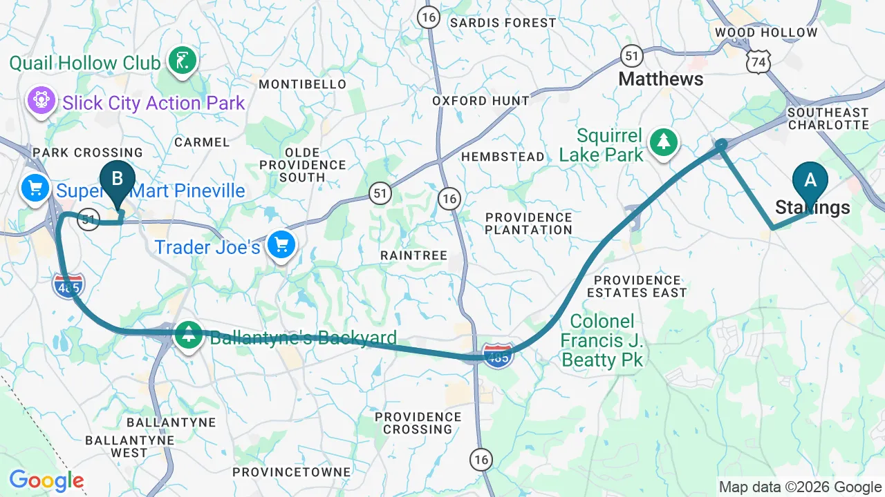 Driving directions map from Stallings, NC to Chiropractic Fitness in Charlotte