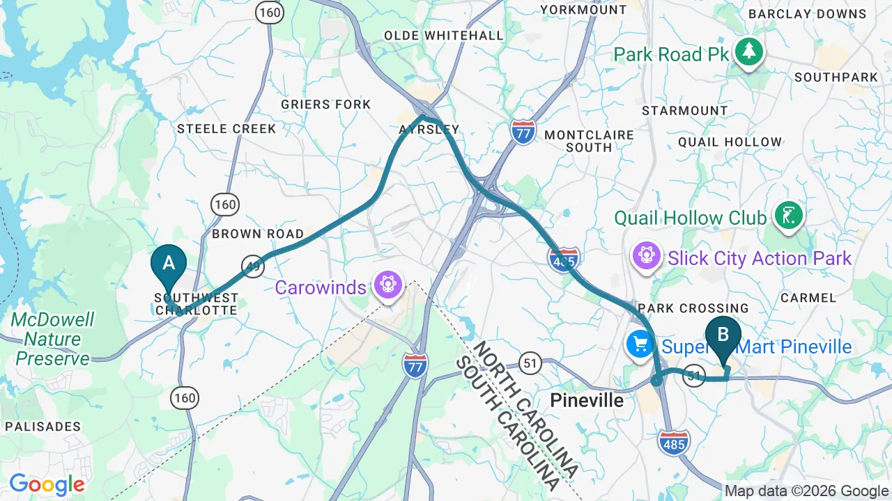 Driving directions map from Steele Creek, NC to Chiropractic Fitness in Charlotte