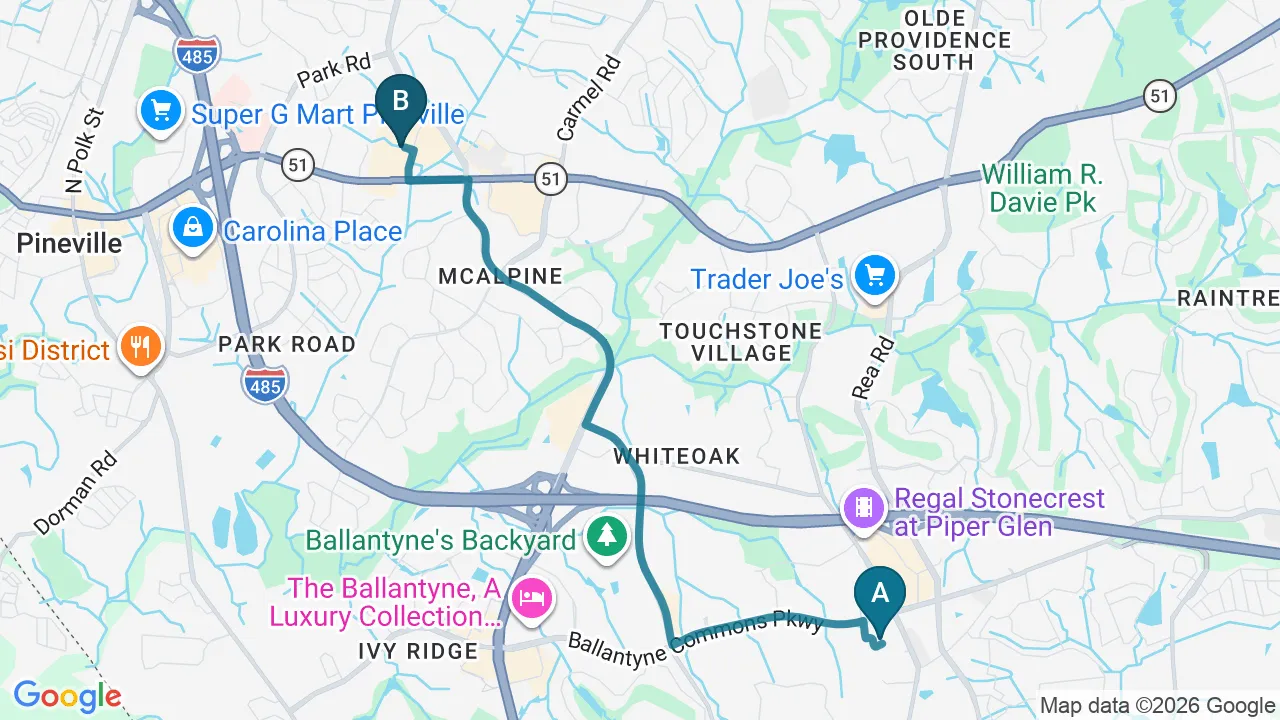 Driving directions map from Stonecrest, NC to Chiropractic Fitness in Charlotte