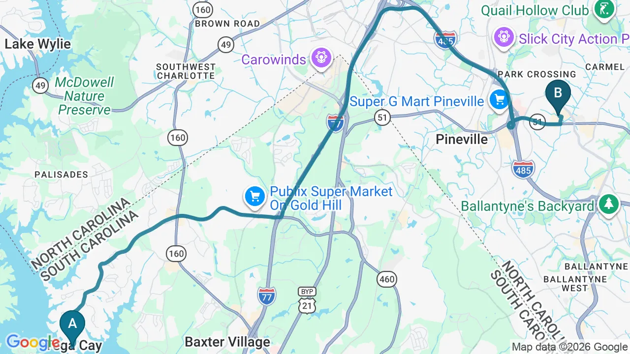 Driving directions map from Tega Cay, SC to Chiropractic Fitness in Charlotte