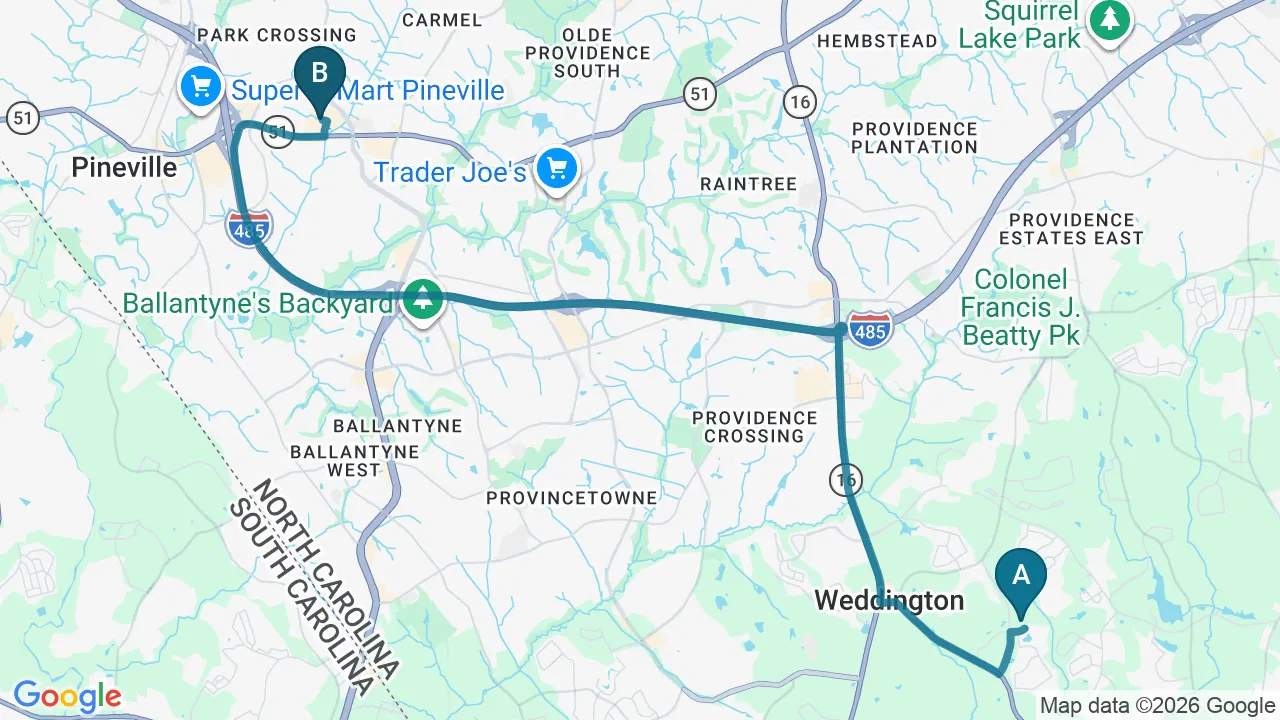 Driving directions map from Weddington, NC to Chiropractic Fitness in Charlotte