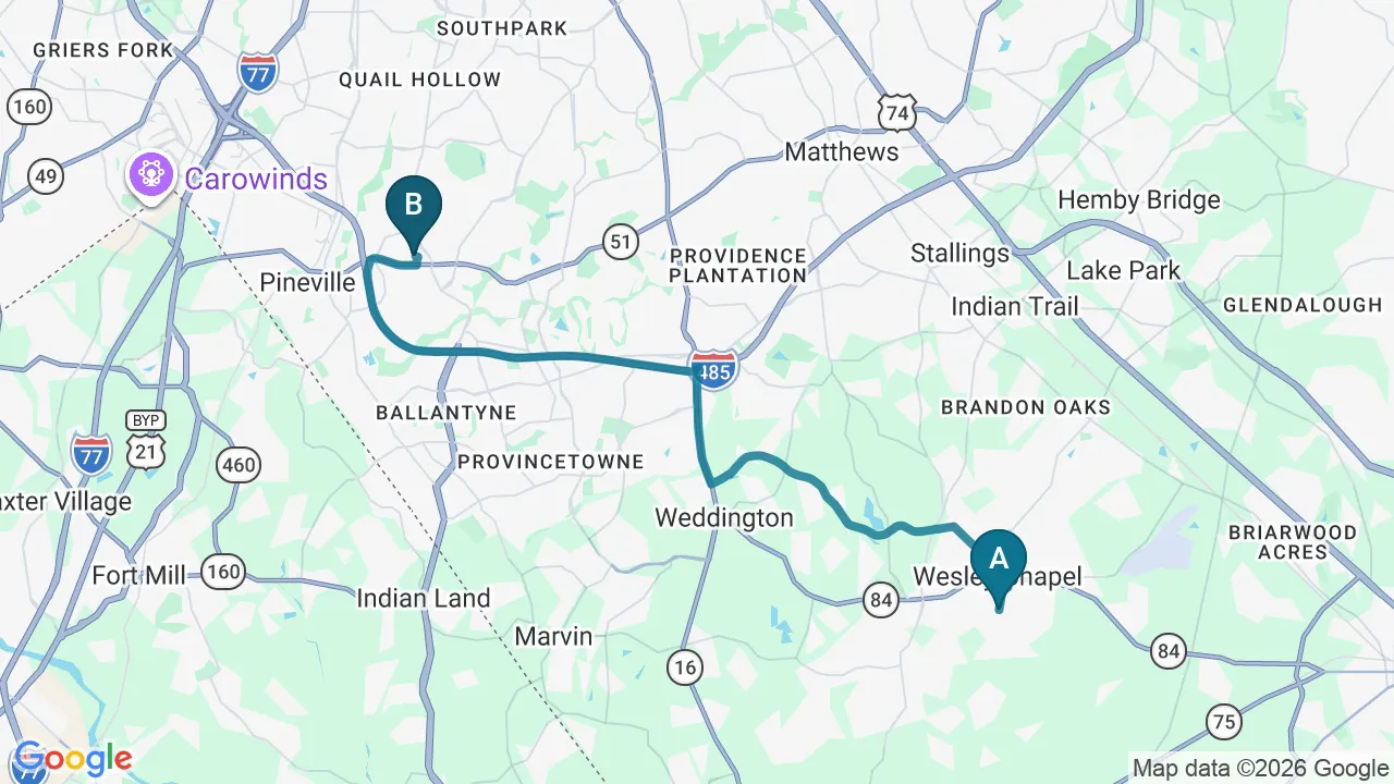 Driving directions map from Wesley Chapel, NC to Chiropractic Fitness in Charlotte